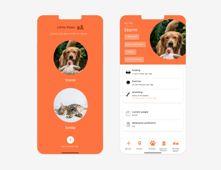 A phone screen displaying two pages of the Little Paws mobile application