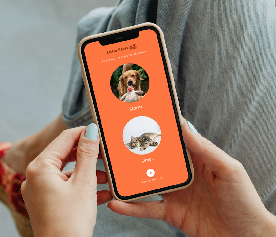 Person holding a phone displaying the Little Paws mobile application