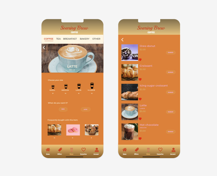 A phone screen displaying two pages of the Soaring Brew mobile application